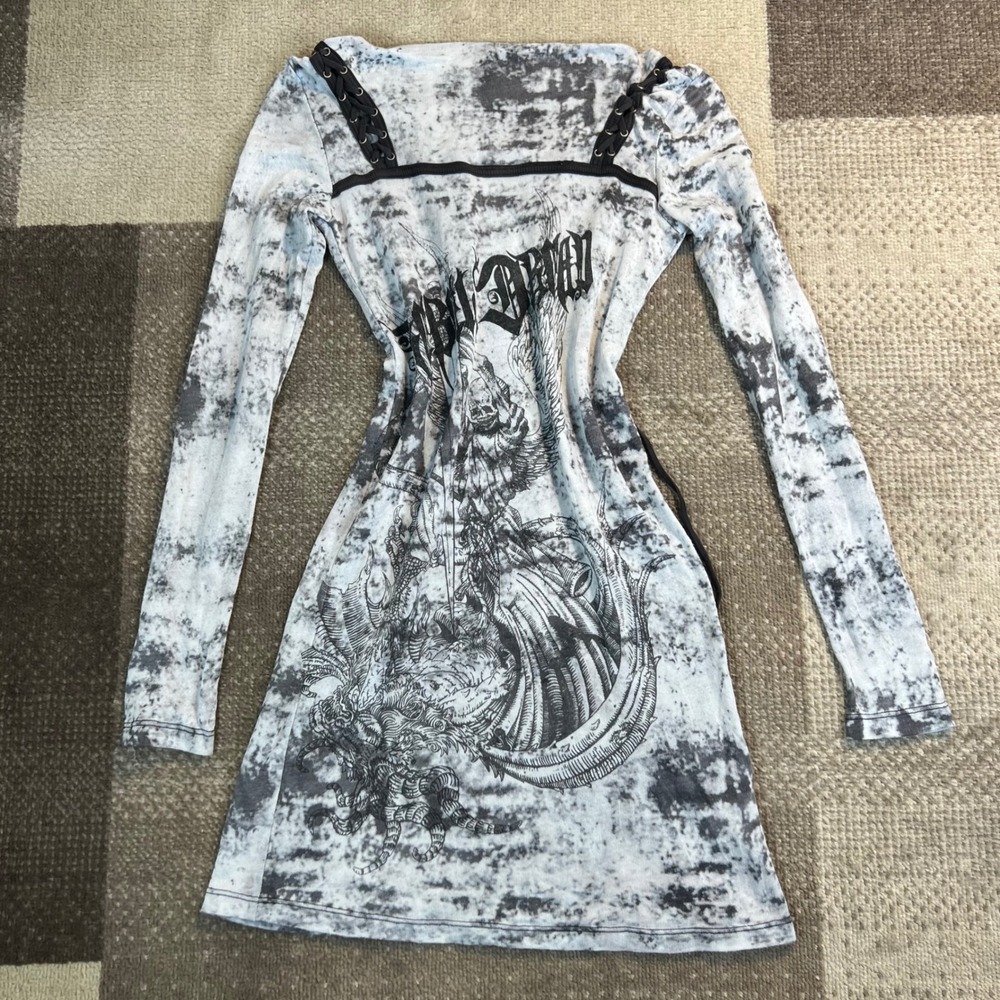Y2K Salvage Rebel Devil Graphic Lace Up Long Sleeve Mini Dress Grey‎ Wash Medium